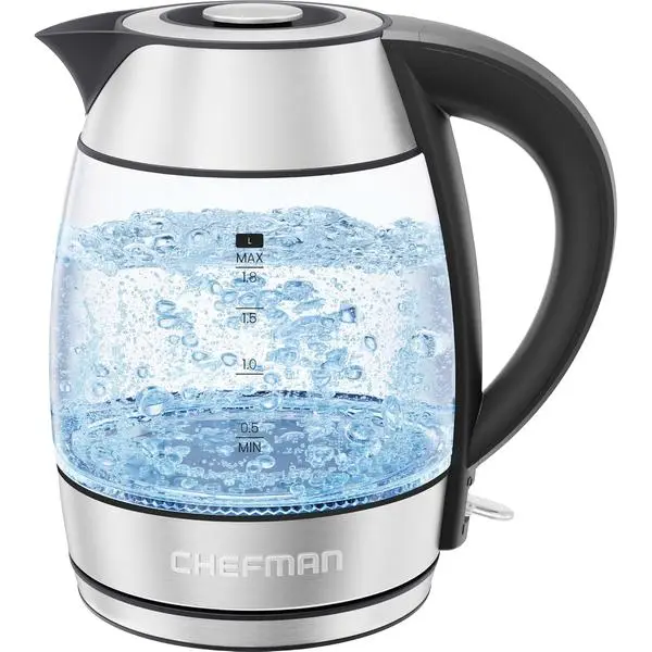 Chefman Electric Kettle 1500W, 1.8L Hot Water Boiler, Removable Lid for Easy Cleaning, LED Indicators, Auto Shutoff & Boil-Dry Protection, Borosilicate Glass Electric Tea Kettle – Stainless Steel