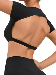 Women's Solid Backless Crop Sports Tee, Sporty Round Neck Short Sleeve T-shirt for Yoga Gym Workout, Ladies Sportswear for All Seasons, Activewear, Workout Clothes Women, Fitness Top, Gym Tops, Gym Tees, Casual Sporty Top, Athletic Fashion Activewear