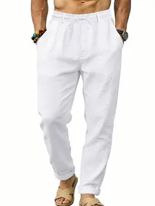 Plus Size Men's Linen Blend Casual Pants, Multi Colors Available, Elastic Waist Drawstring Breathable Straight Leg Trousers, Comfy Lightweight Pants for All Body Types