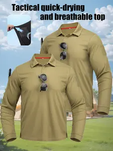 Men's Solid-Color Long-Sleeve Polo Shirt, Quick Drying Top, Breathable Collar T-Shirt, Sports Shirt, Athletic Top, Casual and comfortable, Suitable for everyday wear, fitness training, and other outdoor activities, All-season sportswear