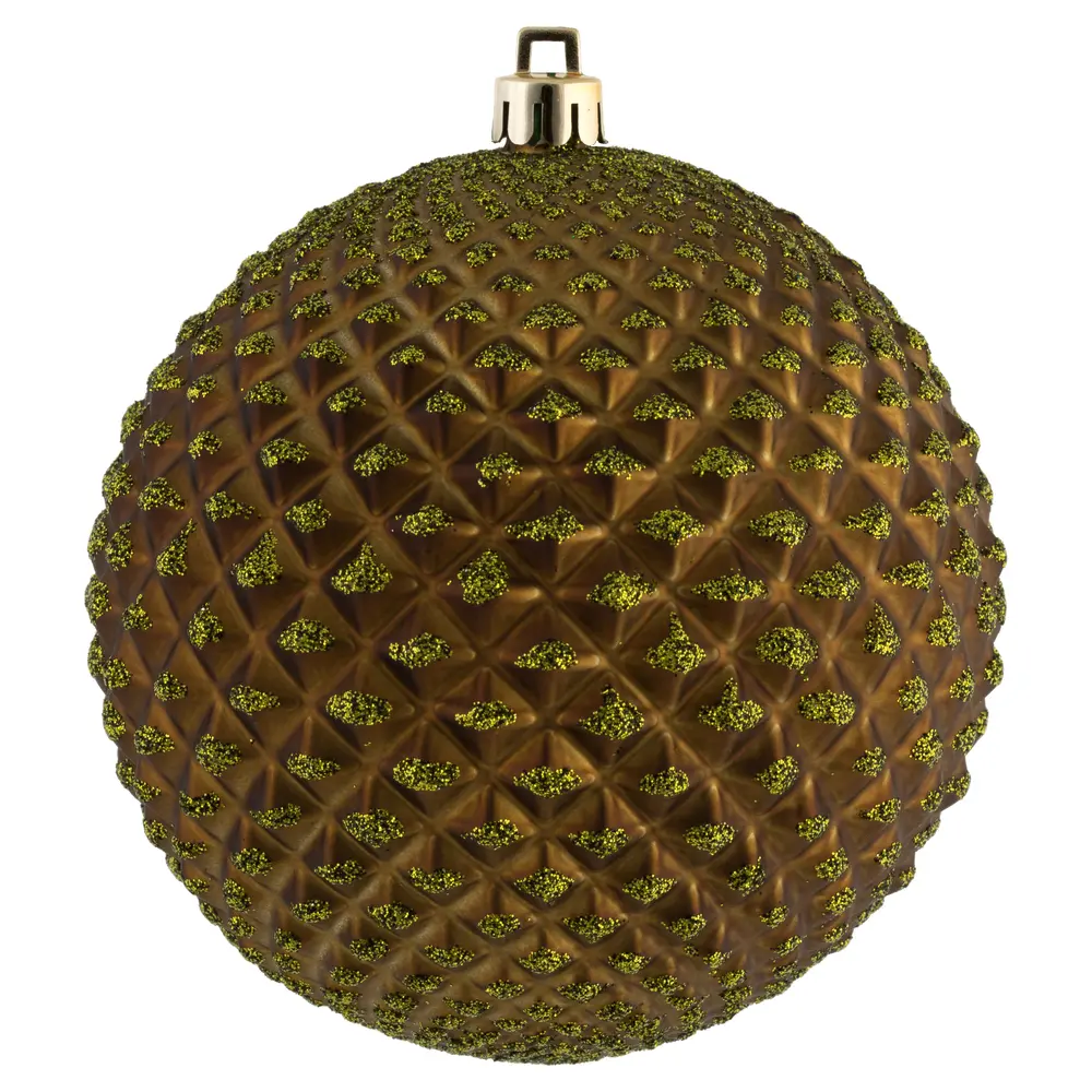 212 MAIN 4 in. Shatterproof Plastic Durian Glitter Ball Ornament - Olive, 6 Per Bag, Secure Hanging Cap, Glitter Balls Hanging Ornaments for Home Holiday Christmas Tree Decor