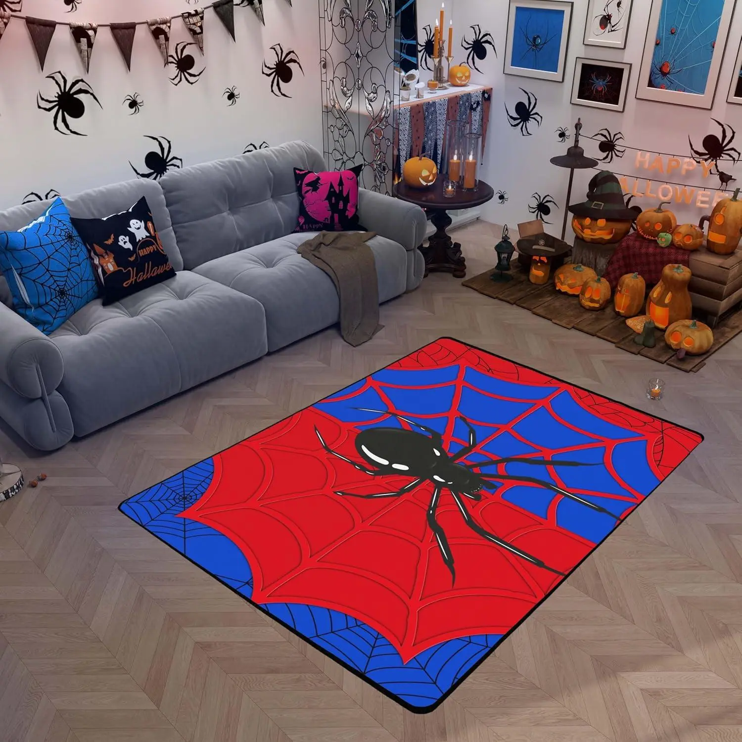 Feelyou Halloween Spider Arachnid Web Kids Area Rug - Flannel Top, Gothic Theme, Multi-Size Non-Slip Indoor Floor Mat, Black Red Blue Living Room Couch Decor, Bug-Themed Area Rugs, Horror-Themed Area Rugs