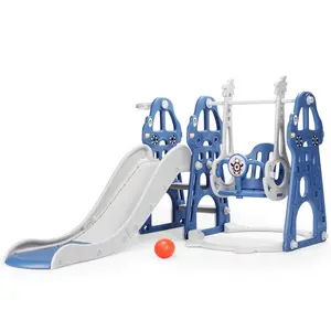 Rengue 4 in 1 Toddler Swing and Slide Set for Age 1-6 Indoor Playground for Children Baby Swing Set with Slide, Climber, Basketball Hoop and Long Slide for Boys and Girls Blue