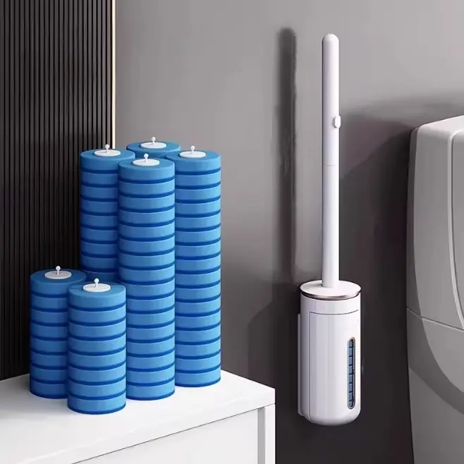 Disposable Toilet Bowl Cleaning Kit with 8 PcS Cleaner Refills Toilet Bowl Wand Holder SetBathroom Cleaning System for Sink Bathtub Drain Wash Basin Urinal Wall-Mount Scrubbing Wall-Mounted Brush