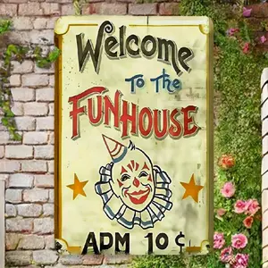 TIN Sign Fun House Circus Metal Decor Clown Art Kitchen Store Ranch Bar 12" x 8" Hand Room