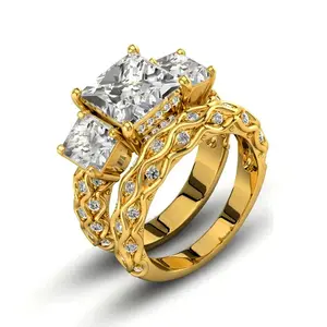 Yellow Gold Plated Bridal Sets Square Cut 1.5CT Cz Engagement Ring 2pcs Womens Wedding Ring Sets Fine Nickel-Free Copper AAA CZ Sparkle