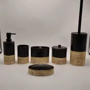 Black and Brown Wood Grain Ceramic Bathroom Accessory Set