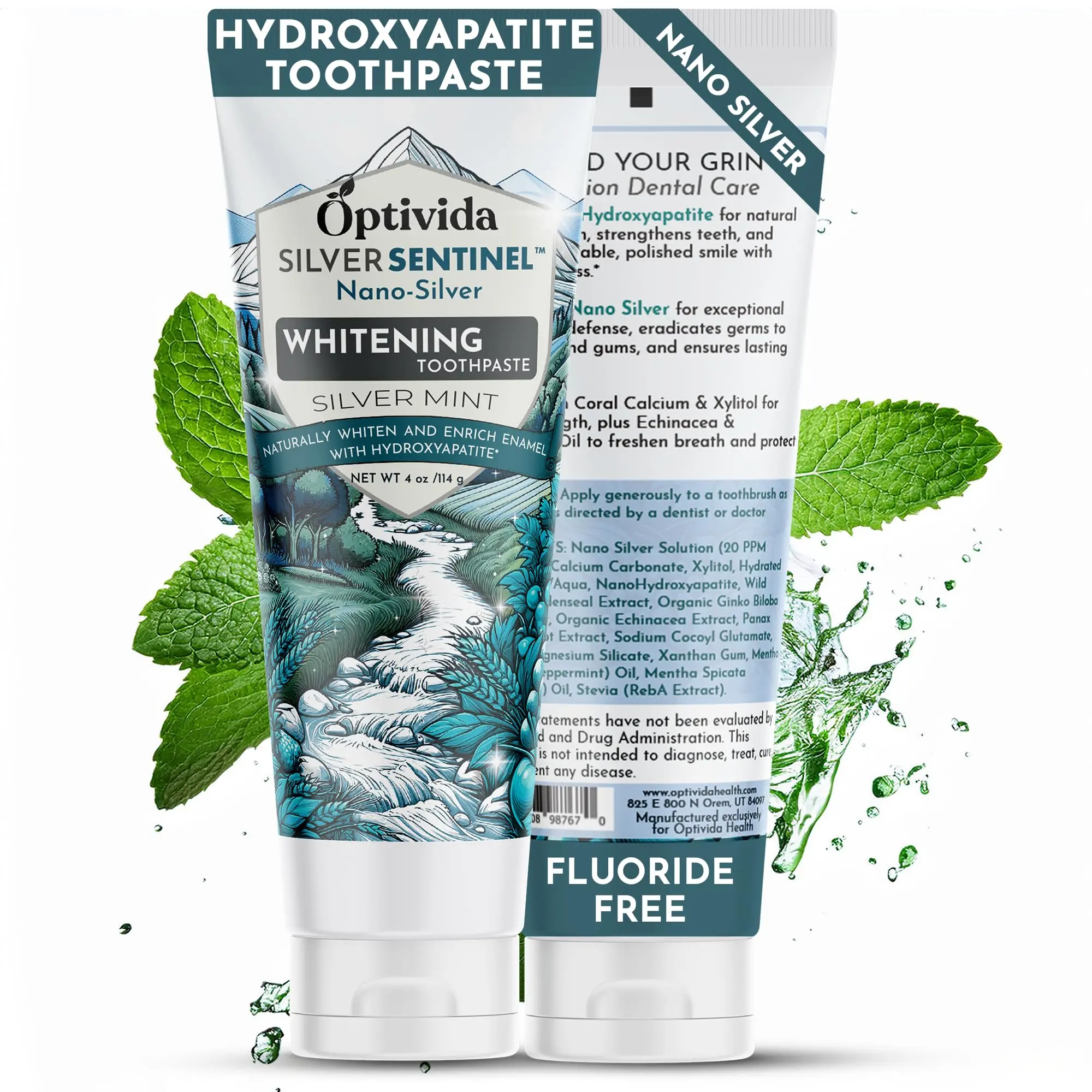 OPTIVIDA Fluoride-Free Nano Hydroxyapatite Toothpaste | 4 oz | Colloidal Silver & Xylitol,  Fluoride-Free Enamel Protection Toothpaste  | Cavity Protection, Sensitive Teeth | Natural Whitening, Fresh Breath, Dentist Formulated for Adults & Kids
