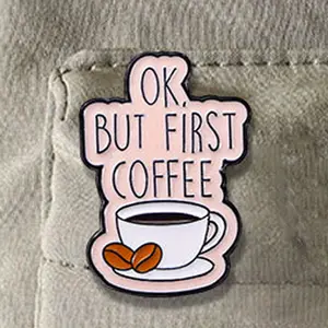 2pcs Cute Coffee Cup Enamel Pin - Irregular Shape Alloy Brooch with 'OK, But First Coffee' Lettering for Clothing Accessory and Waist Tightening