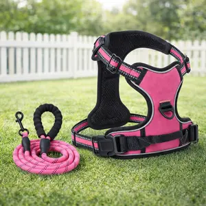 Dog harness and leash set, anti-escape and anti-pull vest-style harness with 5-foot leash, adjustable padded pet harness with handle, suitable for small to large dogs, pink