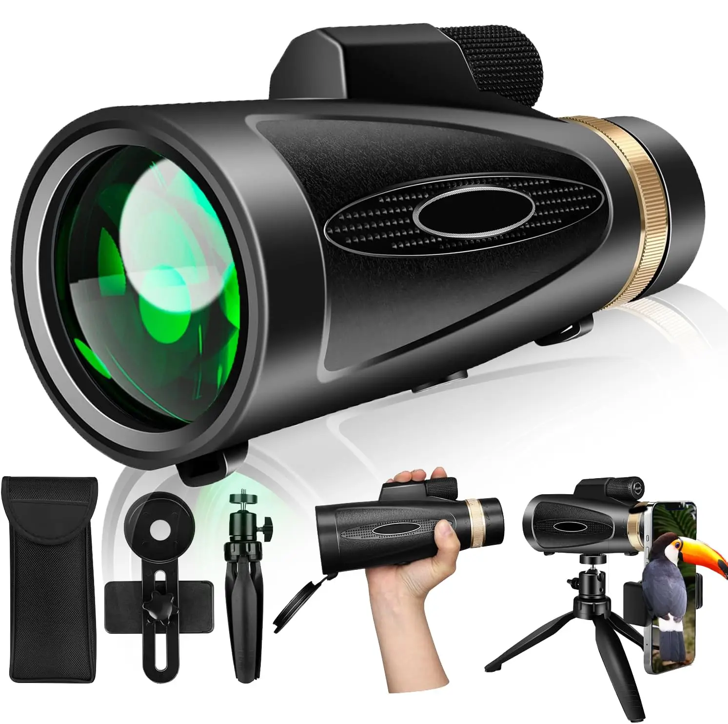 Monocular Telescope 80x100 High Power with Smartphone Adapter Tripod,Larger Vision Monoculars for Adults with BAK4 Prism & FMC Lens, Suitable for Bird Watching Hunting Hiking Camping Wildlife-Black-BY