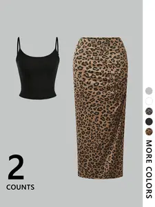 Two-Piece Set Women's Solid Color Crop Cami Top & Leopard Print Skirt, Casual Fashion Cozy for Daily Outdoor Wear, Ladies Clothes for Summer, Suits, Casual Outfits Women