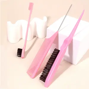 3 Pcs Slick Back Hair Brush Set With 1 Pc Edge Brush 1 Pc Hair Brush 1 Pc Rat Tail Comb, Teasing Brush For Smoothing Hair & Flyaways Pink, Pink Accessories, Hair Styling Combs, Hair Styling Tools, Hair Care Tool