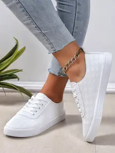 Women's Casual Round Toe Lace-Up Sneakers, Casual Lifestyle Sneaker, Casual Athletic Sneaker, Sports Shoes, Trainer, PU Upper & Rubber Sole, Less Than Ankle Height, Plain Design, Fall Fashion Footwear, Walking Shoes