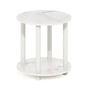 TURN-N-TUBE Side Table in Marble White, a functional piece with 2-tier storage, open shelf, tool-free assembly for bedrooms, living rooms, and small spaces