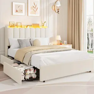 Garvee LED Full Size Bed Frame with Storage Headboard, 2 Drawers, Boucle Upholstered Platform Bed with Chic Wavy Headboard and Bookcase, No Box Spring Needed, White