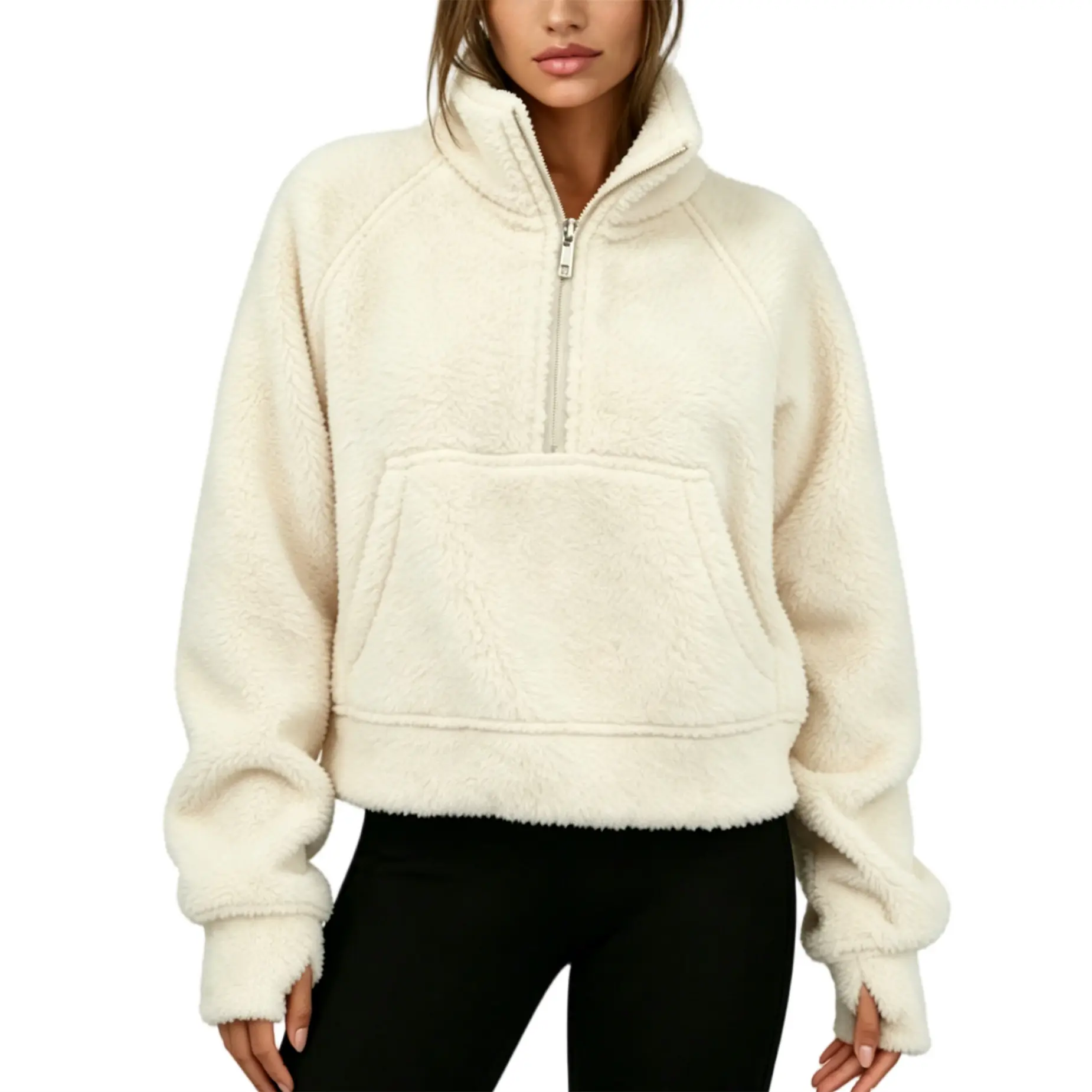 Songling Women's Casual Fuzzy Sherpa Pullover, Long Sleeve Half-Zip High Waist Cropped Sweatshirt with Kangaroo Pocket