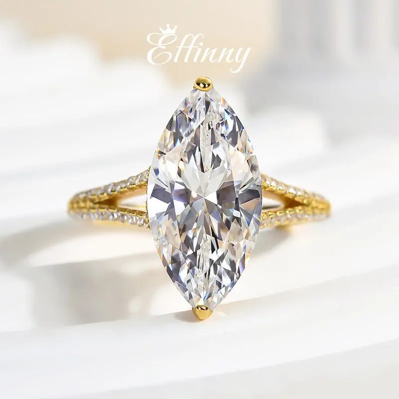 Effinny 4.0ct Split Shank Marquise Cut Golden Engagement Ring,Women's 925 Sterling Silver Promise Ring, 5A Grade Cubic Zirconia Travel Ring, Engagement Rings