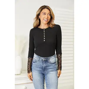 Double Take Crochet Lace Hem Sleeve Button Top