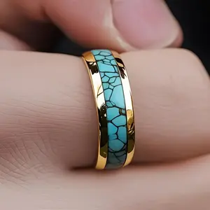 Stylish Unisex 316L Stainless Steel Wedding Ring - Golden Plated with Simulated Turquoise Inlays, December Birthstone, Elegant Bohemian Design for Casual Attire & Holiday Gifts (Christmas, Valentine's Day, Mother's Day, Father's Day),