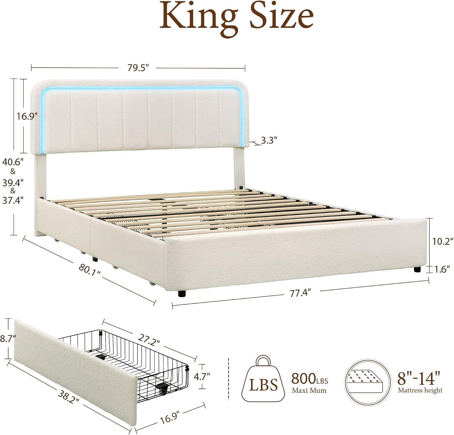 Cloud Bed Frame with LED Light, Boucle Upholstered Bed | Beige, 4 Storage Drawers, Soft Curved Corners, No Box Spring Needed, Easy Assembly, Adjustable Headboard Cloud Bed Frame with LED Light, Boucle Upholstered Bed | Beige, 4 Storage Drawers, Soft Curved Corners, No Box Spring Needed, Easy Assembly, Adjustable Headboard