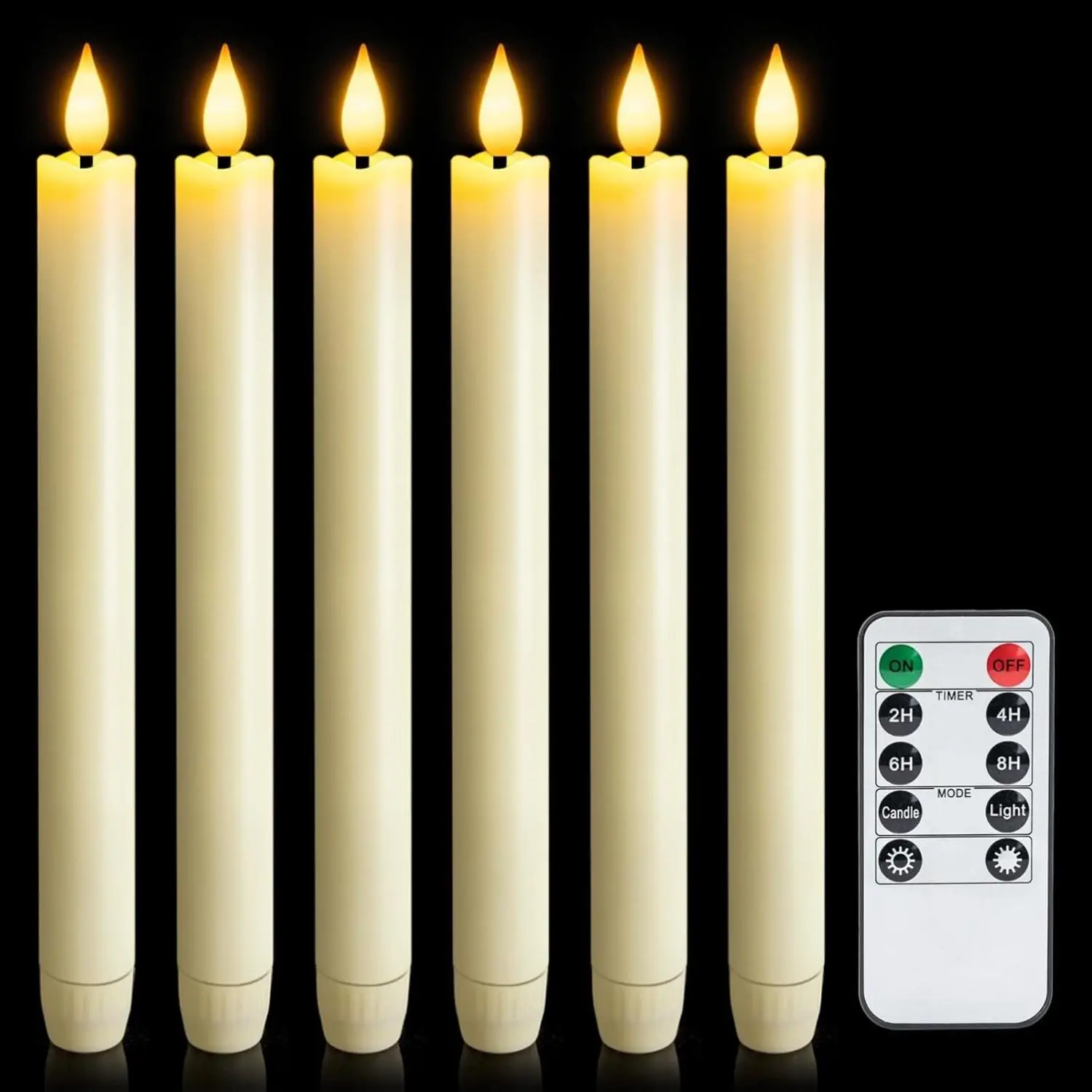 6 Pcs Flameless Taper Candles with Remote Timer Dimmer, 9.6 inches Ivory Plastic LED Candlesticks, Battery Operated LED Candles, for Indoor Home Wedd,