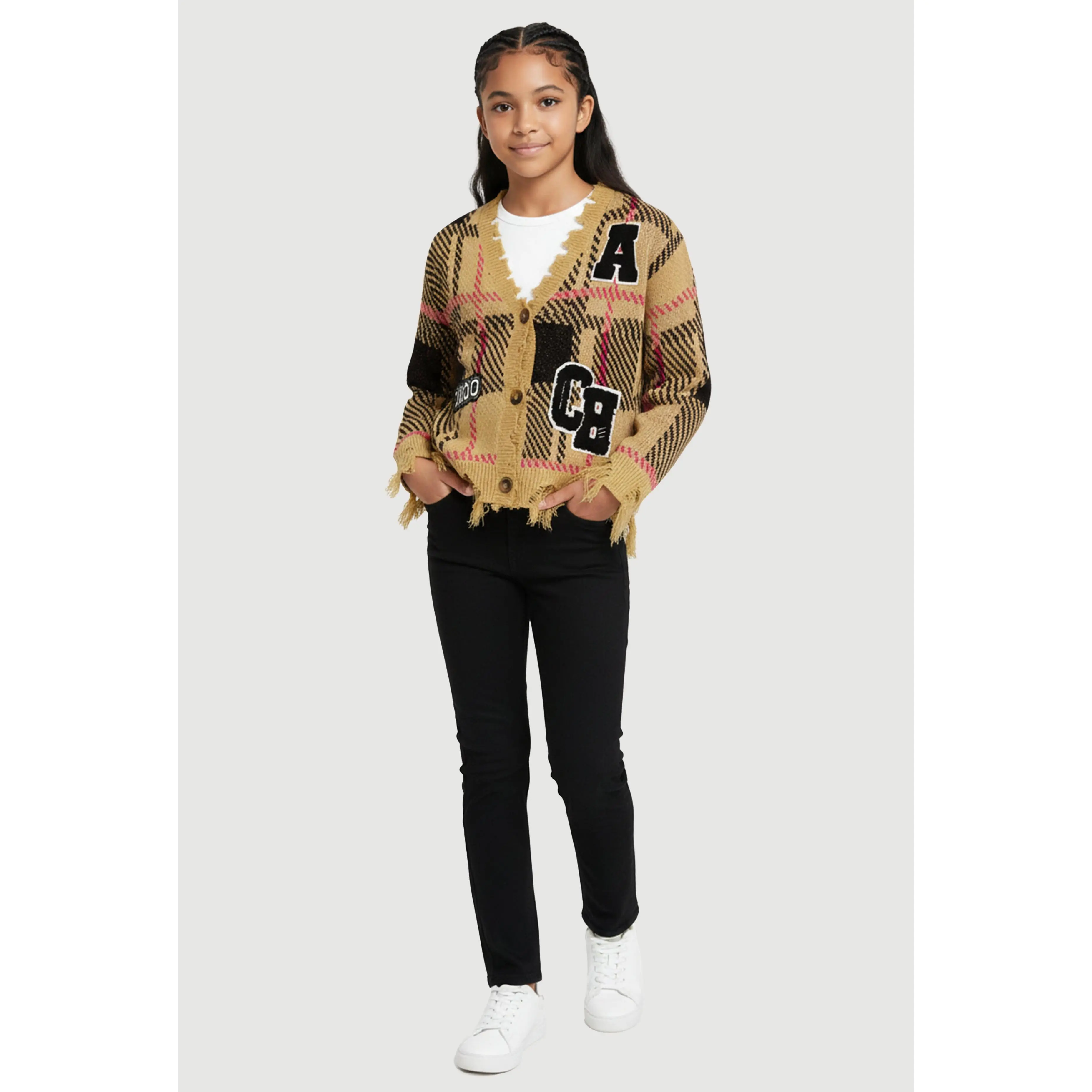 Girls Plaid Distressed V Neck Chenille Patch Graphic Cardigan