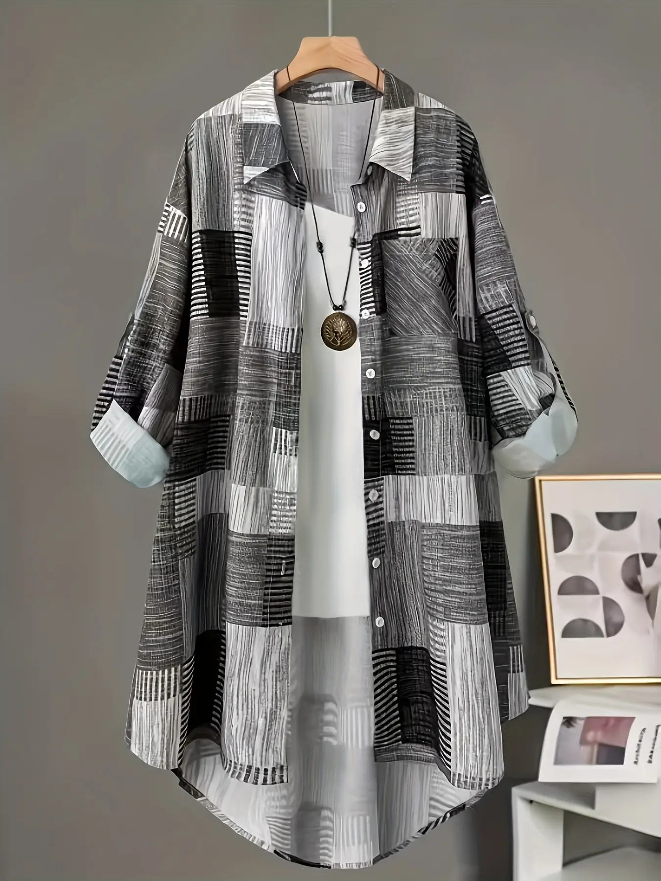 Women's Plus Size Boho Style Casual Boho Soft Colorblock Geometric Long Sleeve Casual Fashion Shirt Blouses Tops, Vintage Patchwork, Loose-Fitting, All Seasons, Comfortable Outerwear, Casual Daily Tops, Bohemian Casual Top