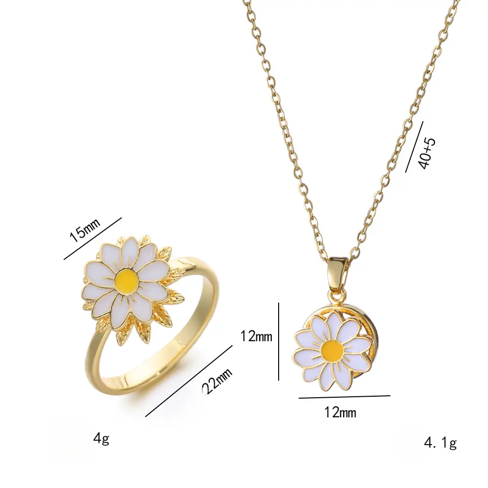 Flower Jewelry Set, Necklace for Women Rotatable Fresh Oil Drip Necklace Ring Flower Simple Sunflower Choker