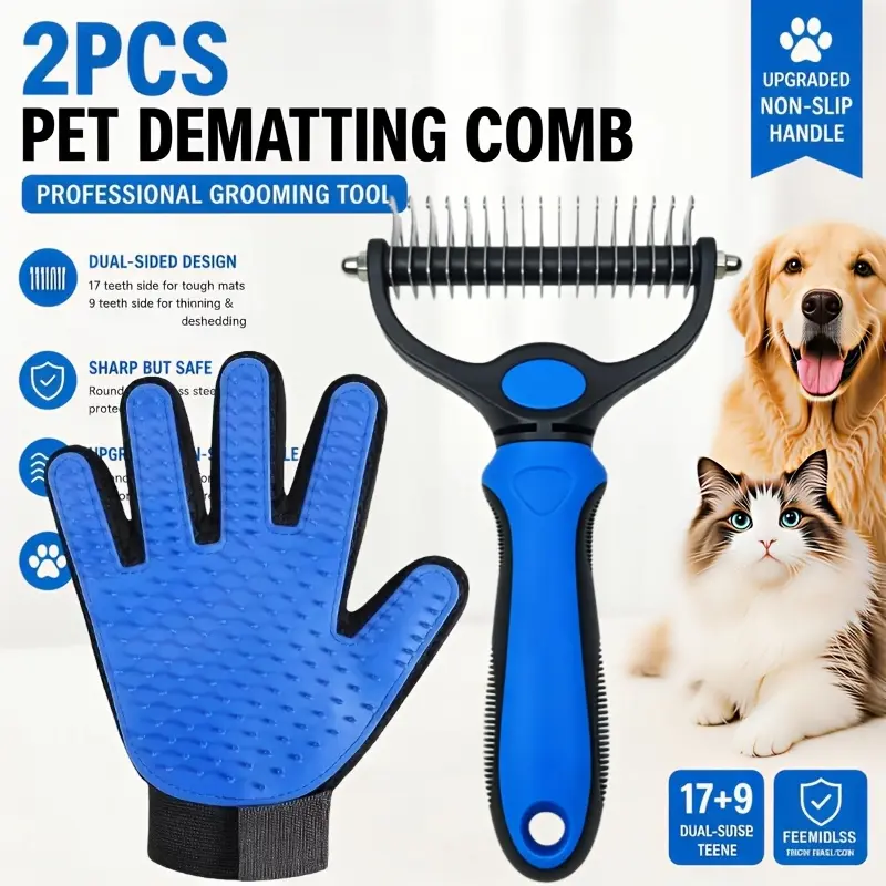 2Pcs Pet Grooming Comb & Glove Set - Wide Comb Head Double-Sided Stainless Steel Dematting Tool, Deshedding Glove for Dogs & Cats Mats Removal