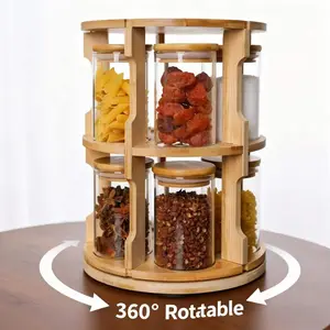 10-Pack Glass Storage Container Set Spice Jars with Bamboo Lids, Rotating Bamboo Wood Organizer, Multipurpose Food Organizer, Kitchen Food Storage Containers