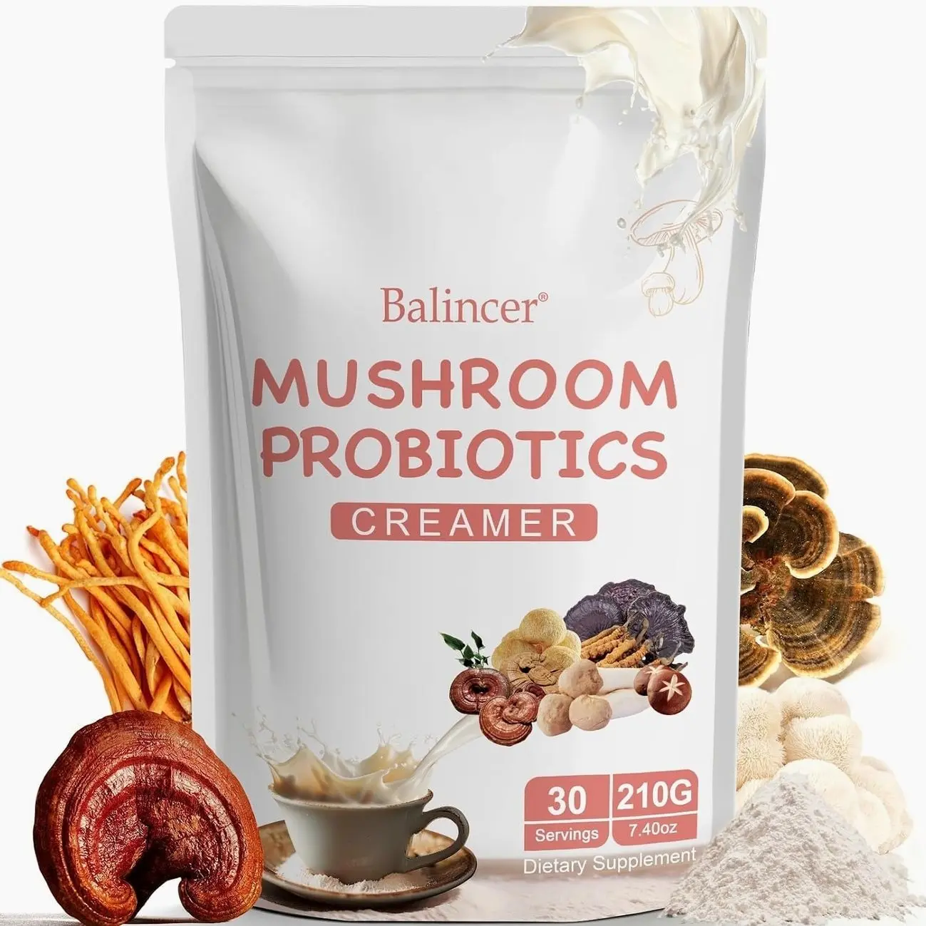 Mushroom Probiotic Coffee Creamer, 6 Adaptogenic Mushrooms (Lion's Mane, Cordyceps, Turkey Tail & Other) Mixed with Creamer for Focus, Energy, and Digestion Health Support, 30 Servings