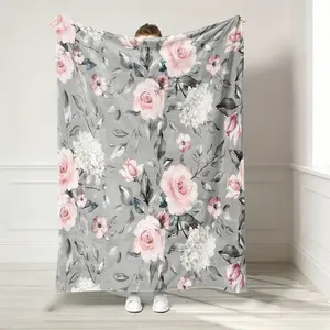 Soft Floral Rose Print Flannel Blanket, Cozy Lightweight Throw Blanket, Aesthetic Home Decor, Warm All-Season Blanket, Multi-Purpose Travel Camping Office Blanket, Cute Gift for Women
