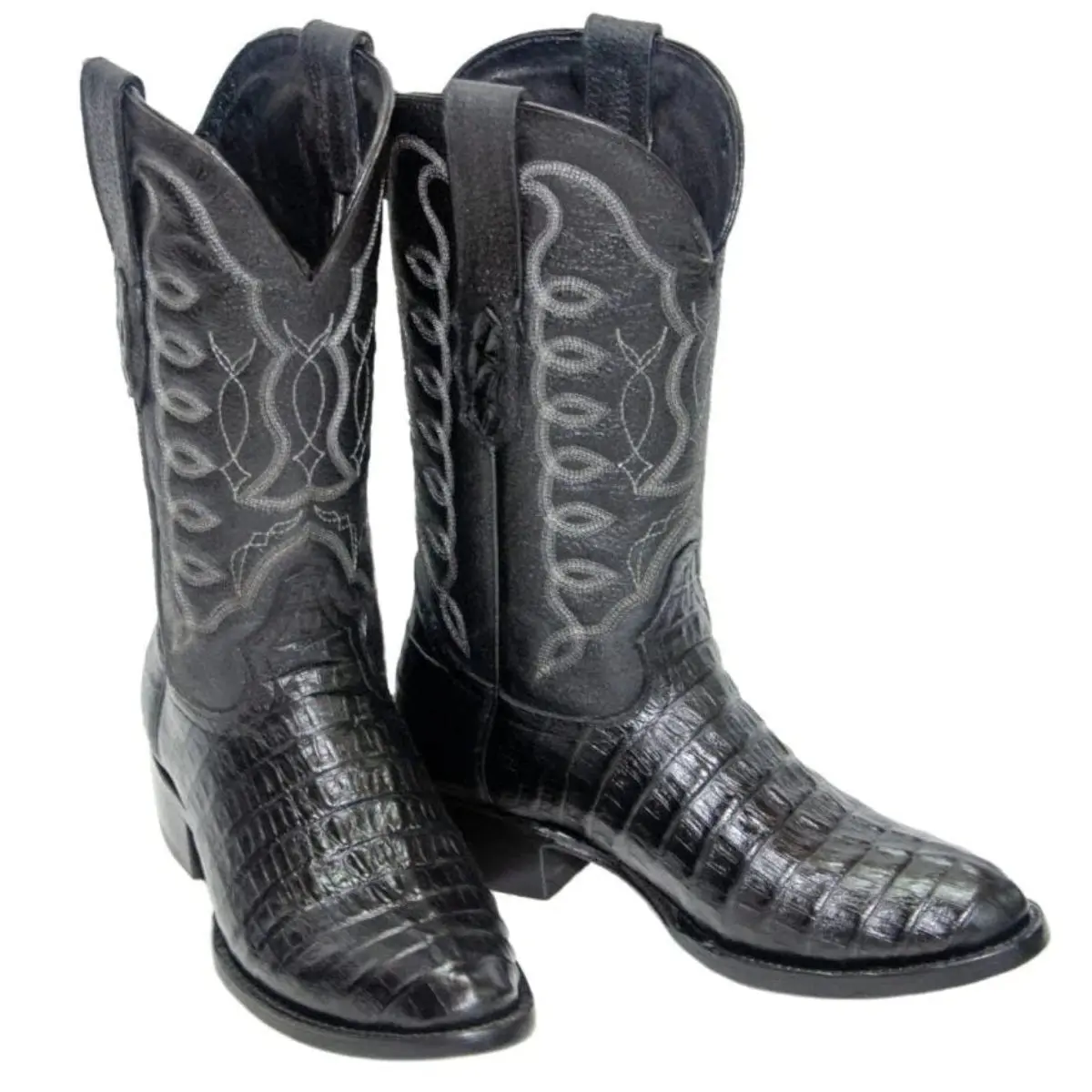 Black Round Toe Caiman Tail Embossed Boots - El Reparo