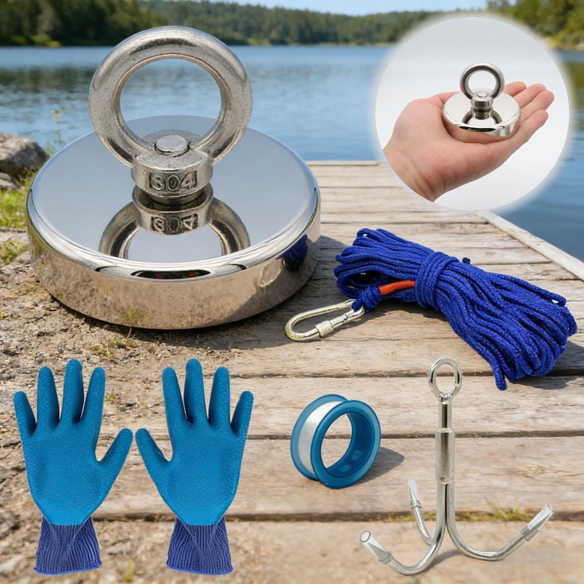 N42 Neodymium Fishing Magnet 675LB Pull Force 75mm Diameter Heavy Duty Lifting Magnet with 20M Rope Grappling Hook Complete Kit for Underwater Salvage Treasure Hunting