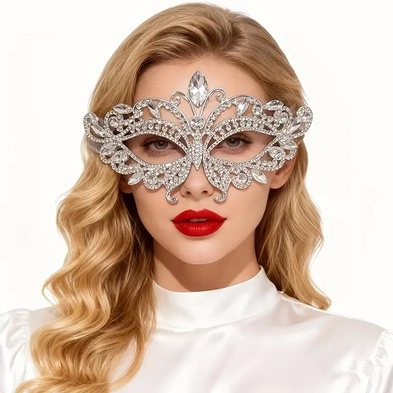 1pc Nylon-Elastane Angel Motif Rhinestone Masquerade Mask - Silvery-Blue Sparkle Design, Detailed Craftsmanship, Festive Party Accessory for Adult Events, Anniversary Gatherings