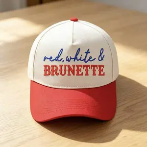Red White & Brunette Trucker Hat – Funny 4th of July Baseball Cap for Women, Country Girl Summer Snapback, Patriotic USA Hat