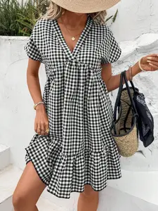 Women's Plaid Layered Mini Dress, V Neck Short Sleeve Loose Fit Casual Wear Babydoll Summer Sun Protection Skirt Womenswear Vneck