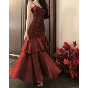 2026 Mermaid Princess Ruffled High-End Sling Dress Purple Coming of Age Banquet Birthday Party Skirt Formal Wear Womenswear Workwear Basic Spaghetti Strap Sleeveless Elegant Draped Style