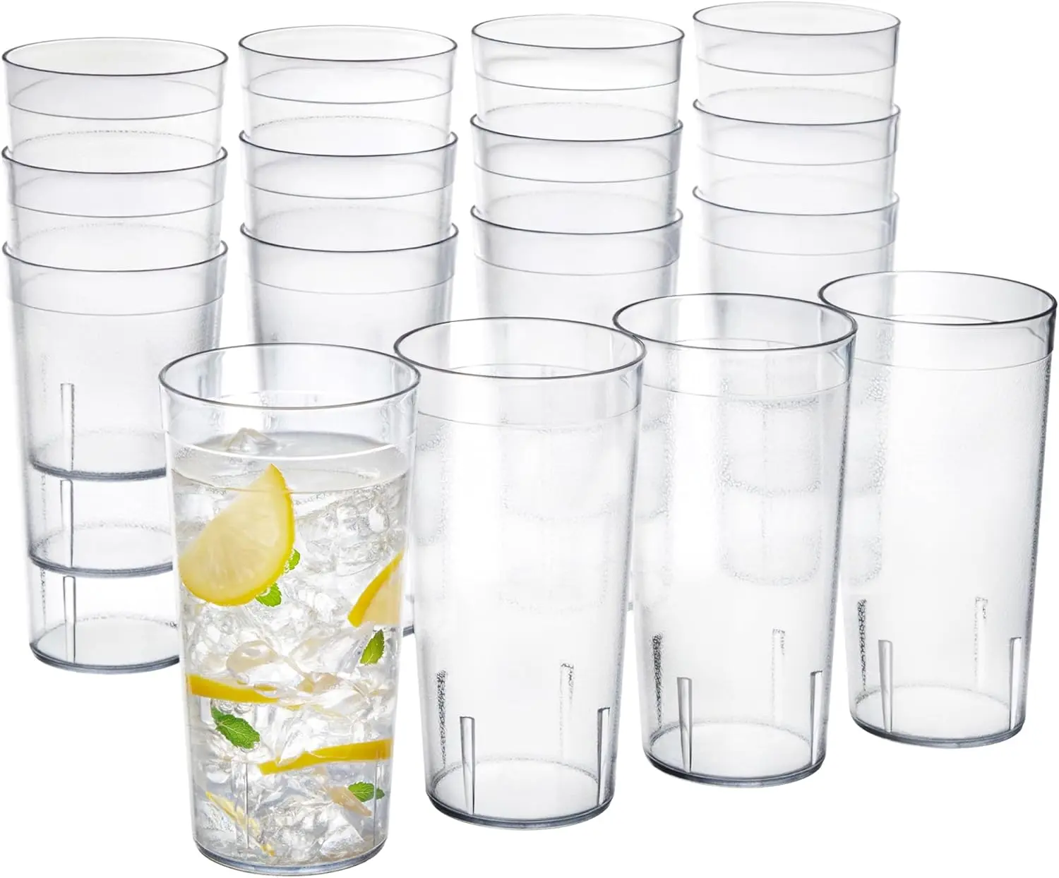 Cafe Plastic Reusable Tumblers (Set of 16) 20-ounce Water Cups in Clear | Value Set of Restaurant Style Drinking Glasses, Stackable, BPA-free, Made in the USA | Top-rack Dishwasher Safe