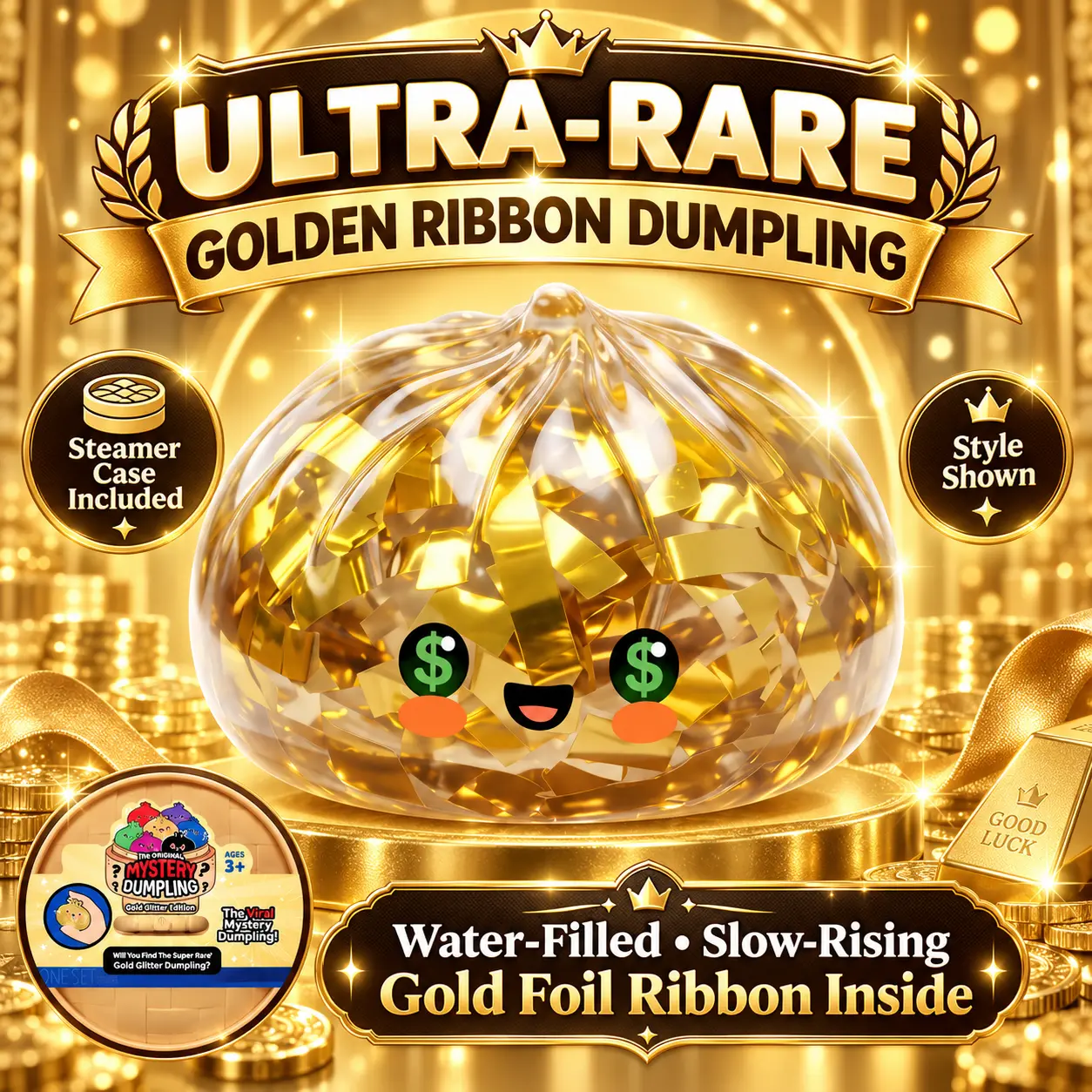 Golden Ribbon & Ocean Viral Dumpling Squishies, Ultra-Rare Hidden Edition Halloween Glitter Collection with Mini Steamer Cases, Soft Slow-Rise Sensory Fidget Stress Relief Squeeze Toys, ASMR Desk Collectible Birthday Gifts