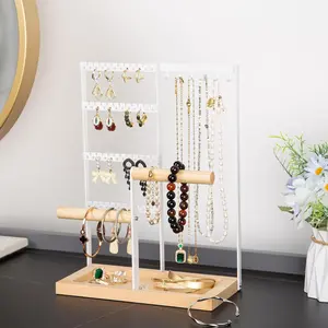 Jewelry Organizer Stand with Wooden Bar & Acrylic Earring Slots for Necklaces Bracelets and Rings - Plain Design for Easy Access