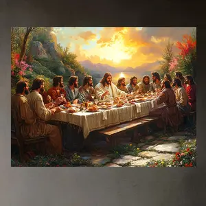 1 Count Jesus & Disciples Last Supper Canvas Art - Vibrant Sunset Lake Scene, Frameless Wall Decor for Living Room, Bedroom, Office - 16x12" Modern Minimalist Poster, Perfect for Room Decor