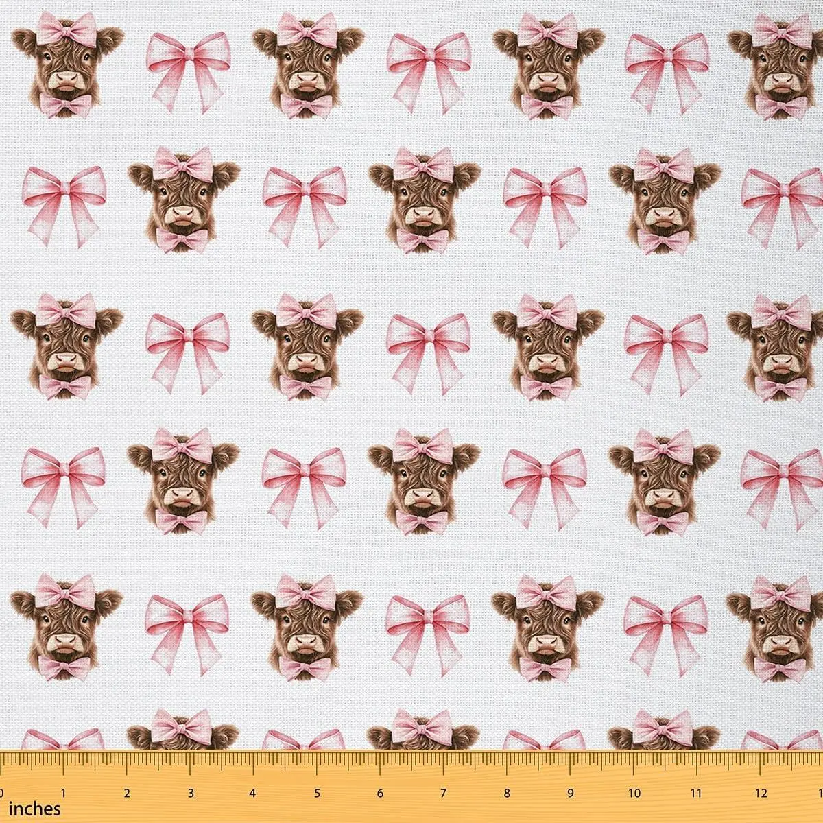 Cartoon Highland Cow Fabric Watercolor Pink Bowknot Animal Decor Fabric Sewing Supplies Tie Dye Knot Fabric DIY Soft Flannel Polyester No Stretch