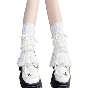 Women's Knitted Leg Warmers Bow Flared Ruffle Trim Knee High Leg Sleeve Socks Lace-up Leg Cover for Teen Girls