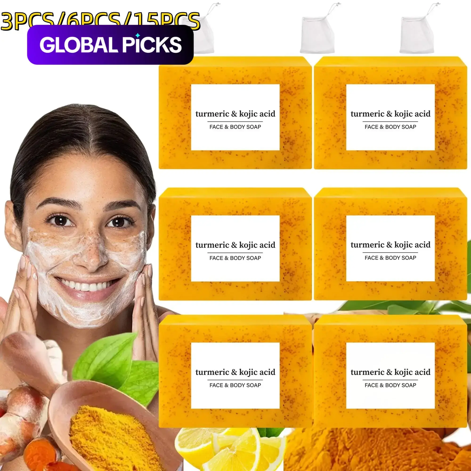 Lemon Turmeric Kojic Acid Turmeric Bar Soap - Gentle, Scented, Foam Cleansing, Moisture-Nourishing Body Care Cleanser for Men & Women, Summer Face & Body Wash with Soap Saver Bag #GLOBAL PICKS
