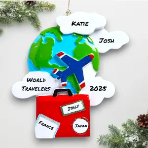 Personalized World Travelers Christmas Ornament – Custom Names & Year – Globe, Plane & Suitcase Design – Travel Lovers Keepsake – Noel Box