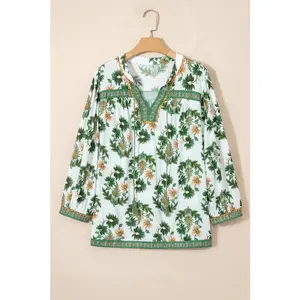 Plus Size Floral Patchwork Tassel Tie Blouse