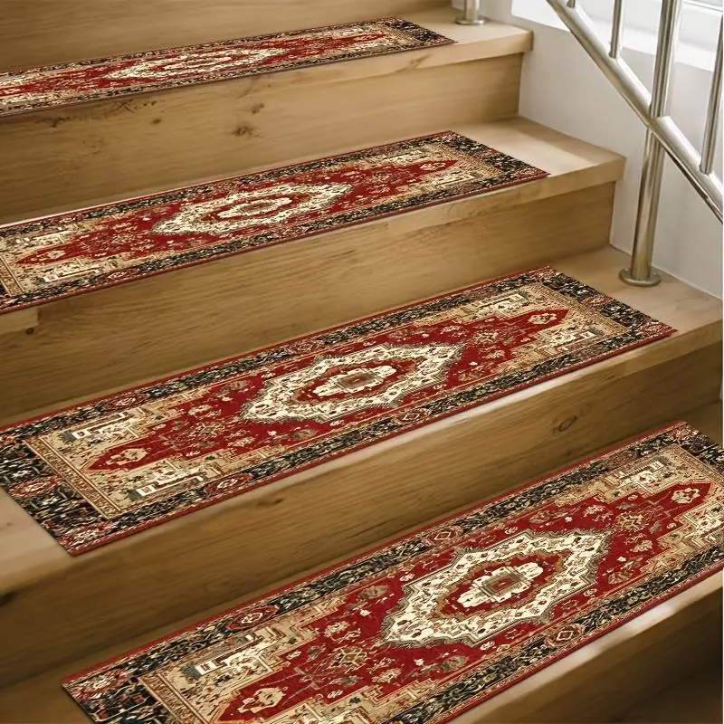 15pcs Bohemian Red-and-Golden Geometric Pattern Stair Treads, Indoor Carpet Rugs for Rental & Apartment Stairs, Soft Furnishing Textile