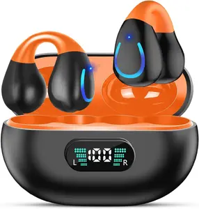 Clip On Earbuds Bluetooth 5.3 Wireless Earbuds Open Ear Bone Conduction Headphones Sport Earphones with LED Digital Display Charging Case Built-in Mic IPX7 Waterproof for Running Fitness Black Orange